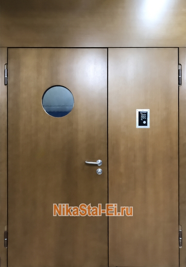 Двупольная противопожарная дверь с круглым остеклением ei-60 с отделкой МДФ