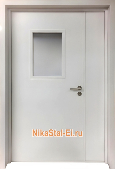 Полуторная противопожарная дверь с остеклением ei-60 и двухсекционными петлями